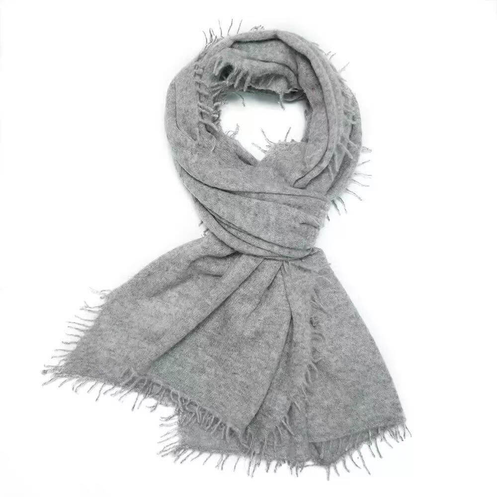 Light gray airy knit cashmere scarf with four-sided fringe