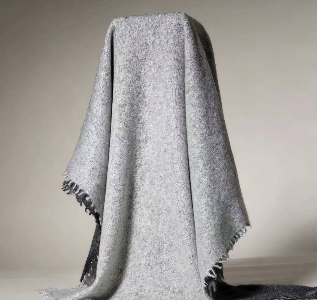 Light grey 100% cashmere sequin wrap with fringed edges