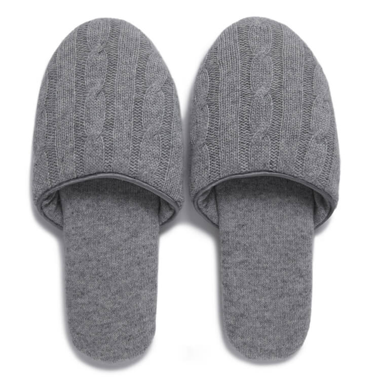 Luxury Women's 100% Cashmere Cable Knit Slippers in grey color