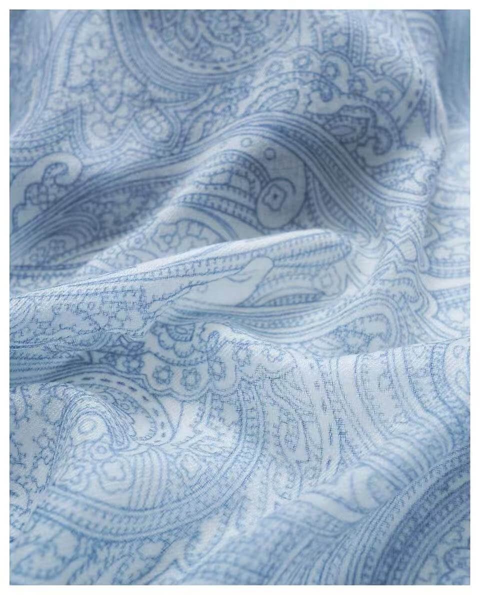 Lightweight 100% cashmere shawl in soft water blue paisley print