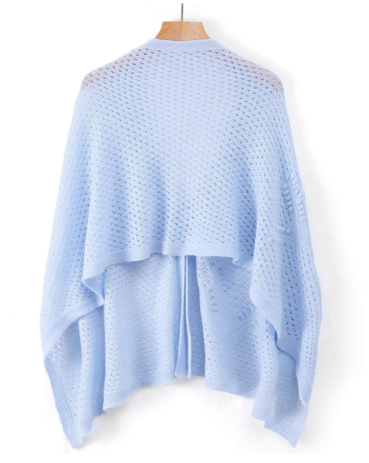 A light blue open-knit poncho-style cardigan Lightweight cashmere mesh scarf for women