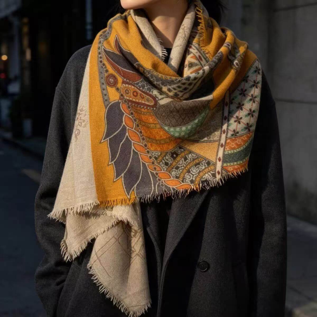 Lightweight pure cashmere equestrian scarf for fall and winter