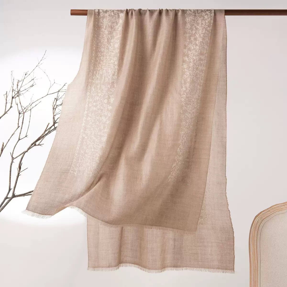 Lightweight pure cashmere shawl with Nepal-inspired floral embroidery