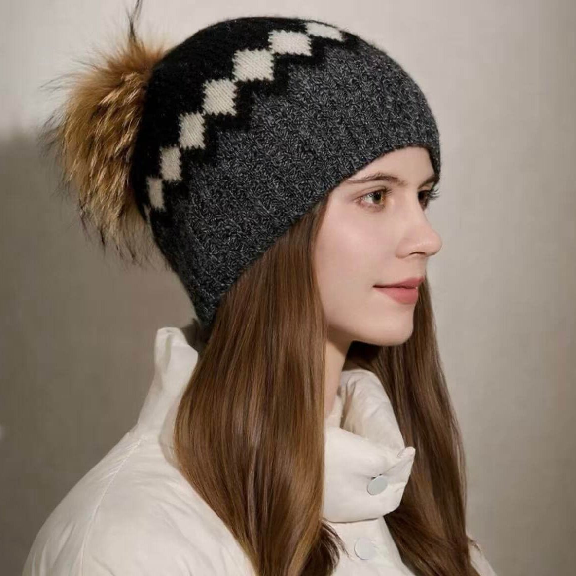 Luxurious 100% Cashmere Winter Hat for Women – Cable Knit Fair Isle Jacquard Design