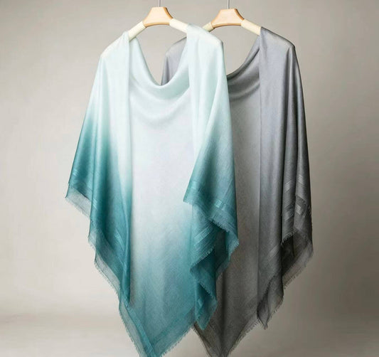 Luxury 100% cashmere square shawl with white center and emerald green gradient border