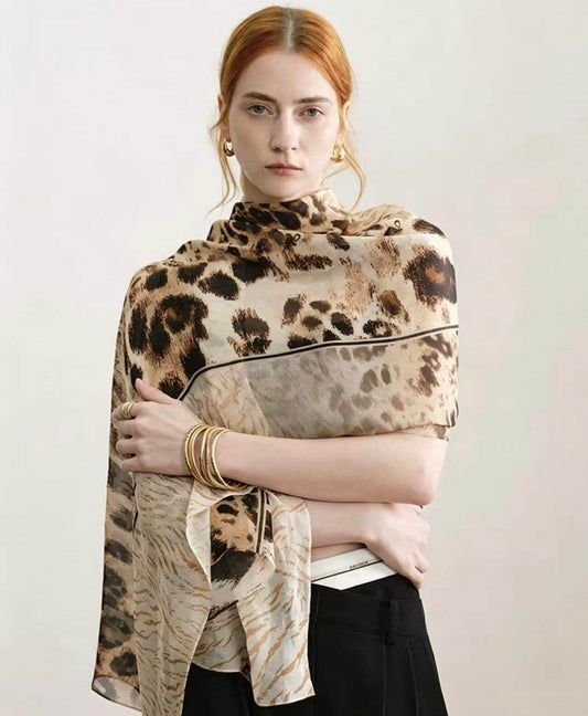 	Luxury 100% mulberry silk chiffon leopard print scarf in warm brown