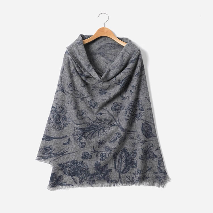 Luxury 100 percent cashmere floral print scarf shawl in grey shade