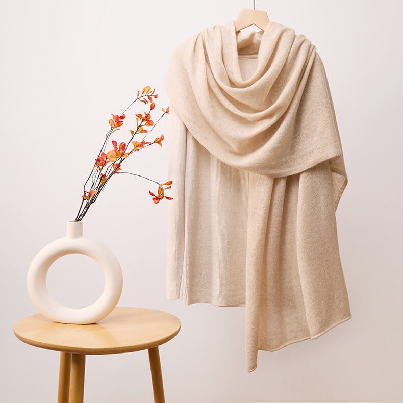 Gift box with cream cashmere scarf and dried lavender bouquet,Oversized solid-color cashmere wrap: 100% pure cashmere in a simple knit pattern