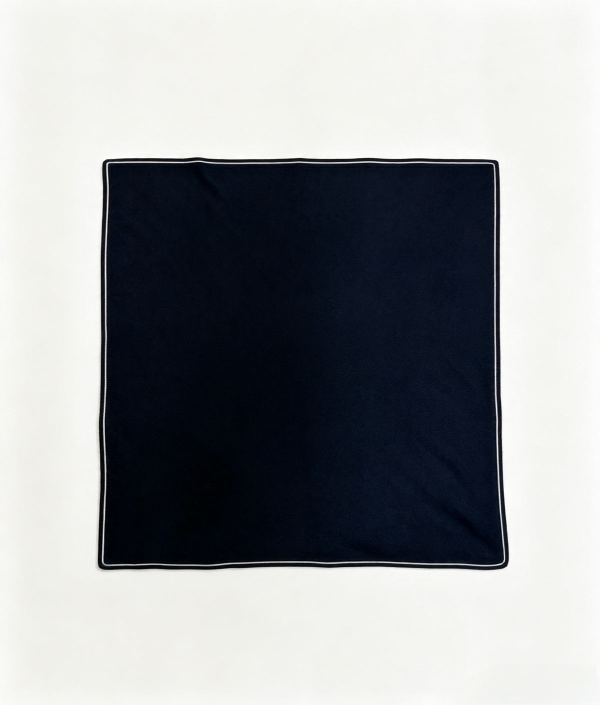 Luxury blue cashmere square scarf featuring fine knit texture and contrasting white double-stripe trim.