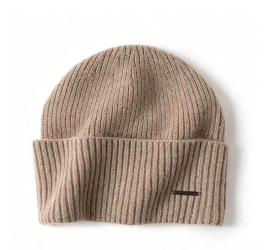 Luxury camel cashmere beanie made from Inner Mongolian cashmere with ribbed knit texture