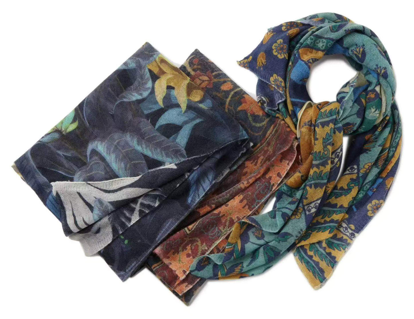 Luxury cashmere square scarf with tropical forest inspired artwork