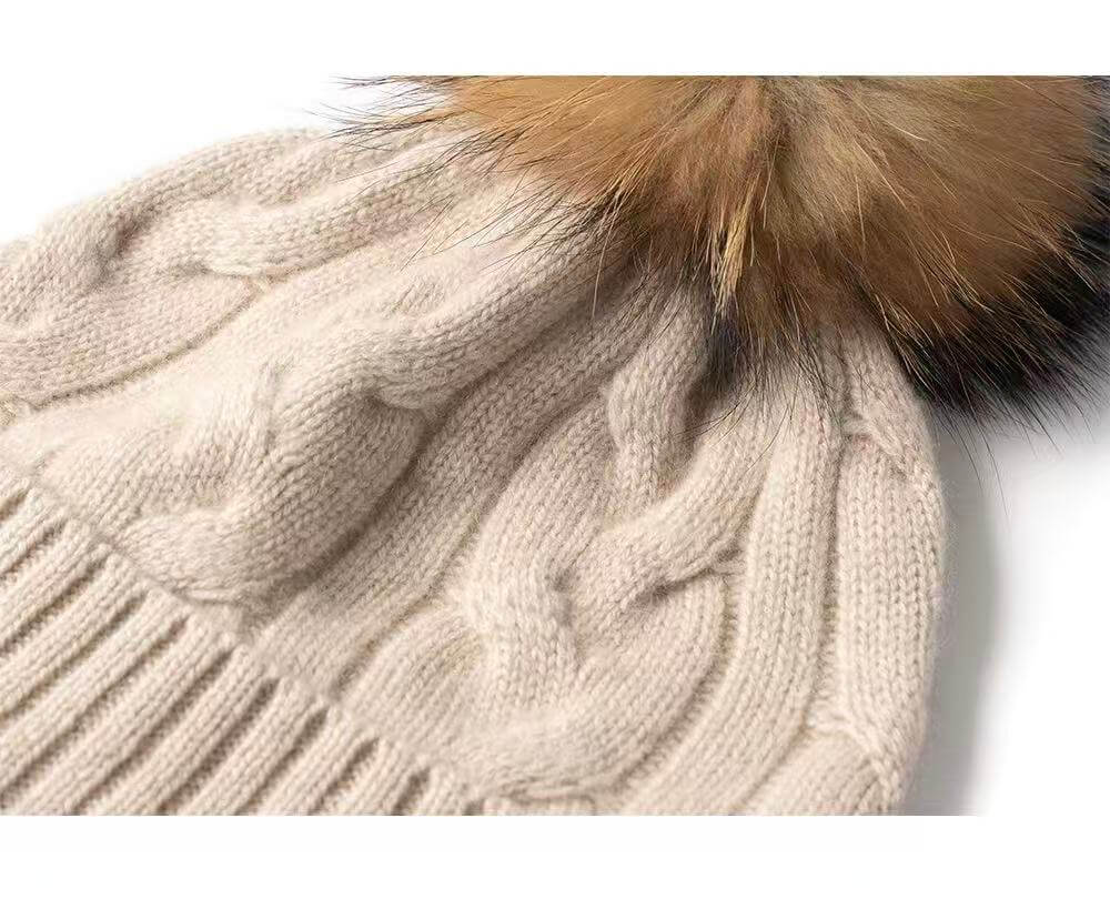 Luxury cashmere winter hat with removable pom pom and ribbed edge