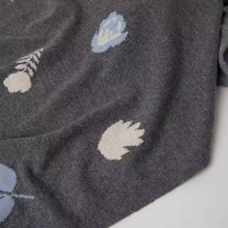 Luxury grey cashmere scarf for women with colorful leaf accents