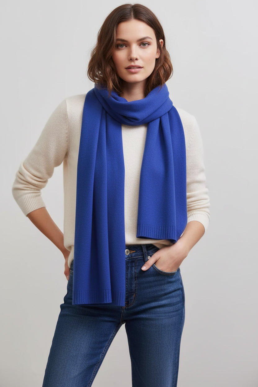 Women’s 100% pure cashmere knit scarf in royal blue color