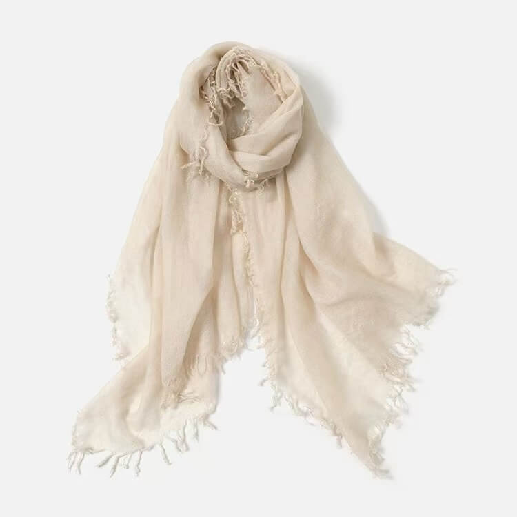 	Luxury summer cashmere scarf styled over shoulders
