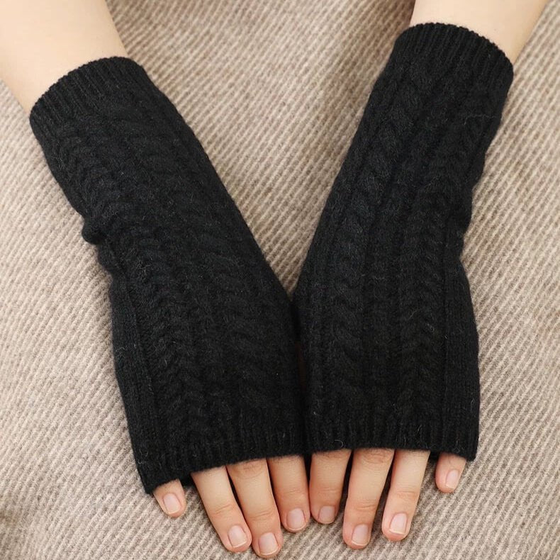 Luxurious 100% Cashmere Fingerless Gloves in black,Luxury women's cashmere fingerless gloves with textured cable-knit hand detail