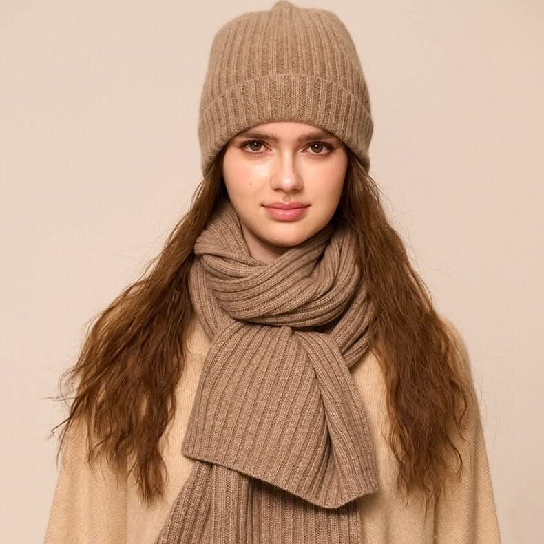 women's cashmere beanies and scarf set in camel color, winter must have,shop holiday gift set 