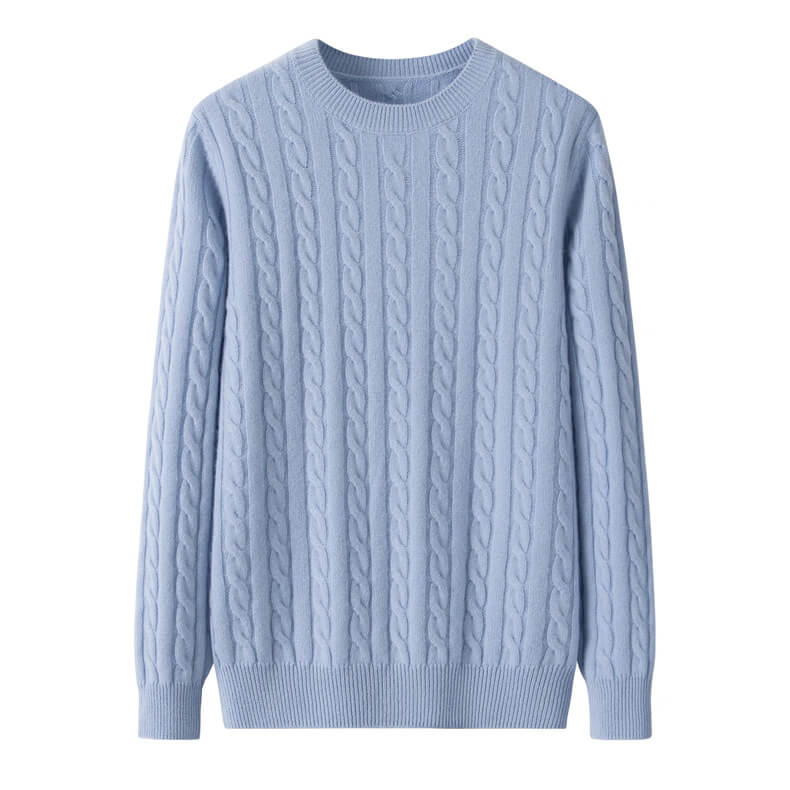 Light blue cable knit sweater Men’s 100% Cashmere Sweater,Men’s 100% cashmere cable-knit crewneck sweater front view 
