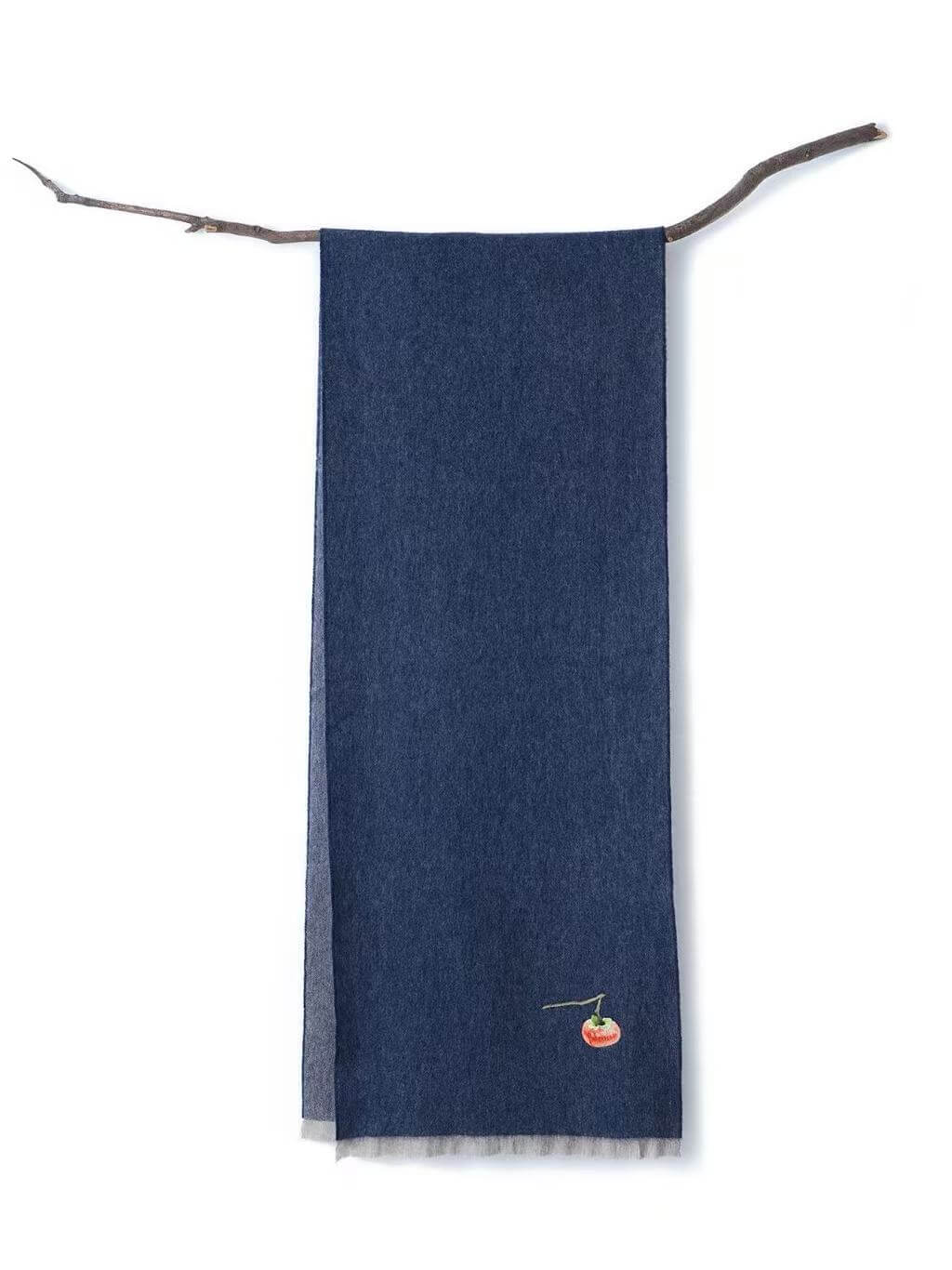 Navy and grey 100% cashmere scarf with silk persimmon embroidery