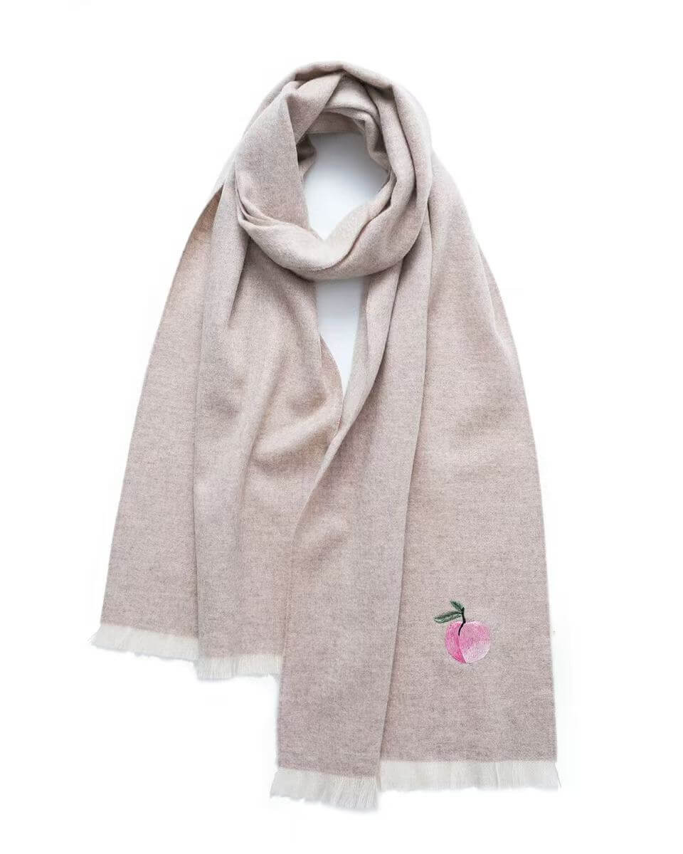 Oatmeal 100% cashmere scarf with pink silk peach hand embroidery