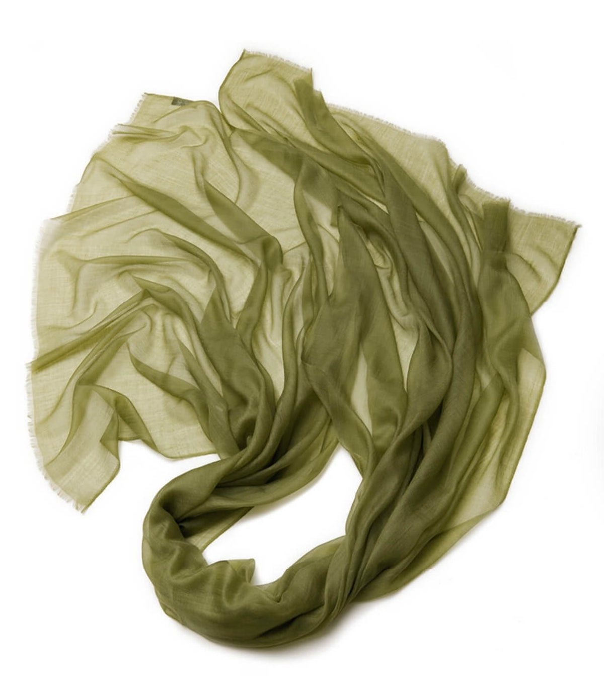 Olive green Lightweight cashmere travel shawl showing fine fabric and gentle, flowing folds