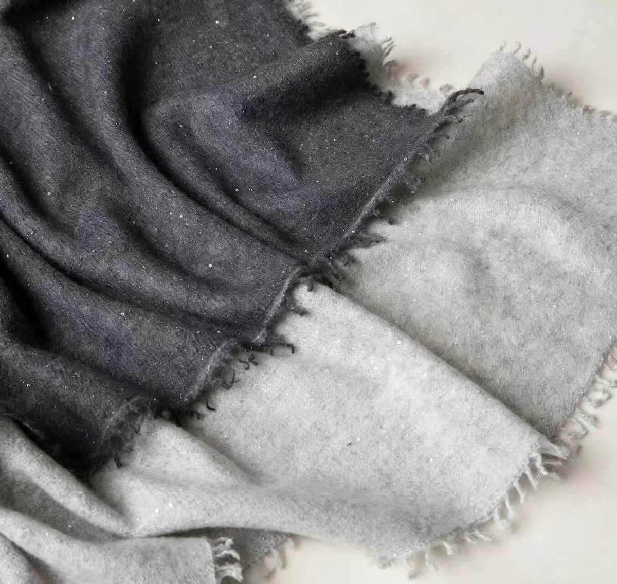 Pure cashmere gradient shawl with shimmering sequins and soft fringe