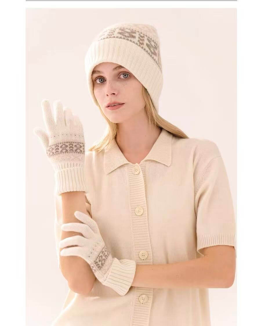 Pure cashmere winter hat and gloves set with Fair Isle pattern