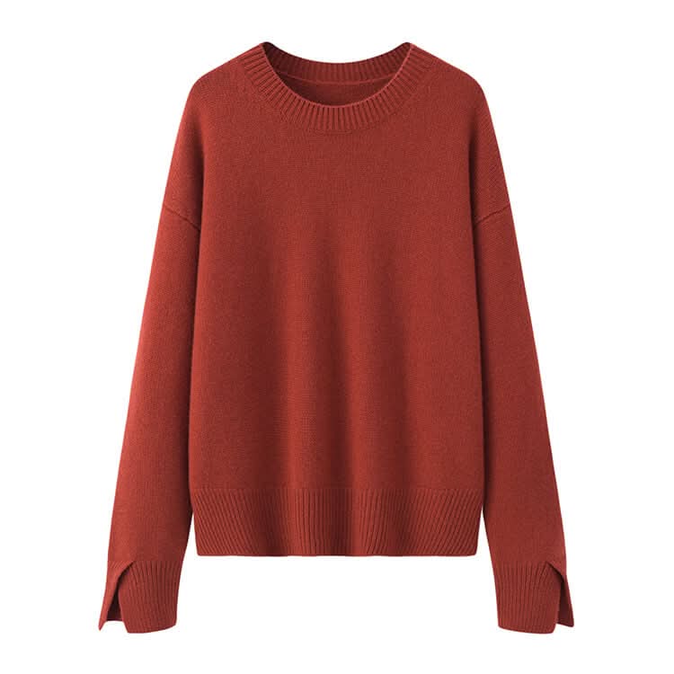 Rust Red 100% Cashmere Crewneck Sweater for Women, Oversized Luxury Knit Pullover with Soft Warm Lightweight Cashmere