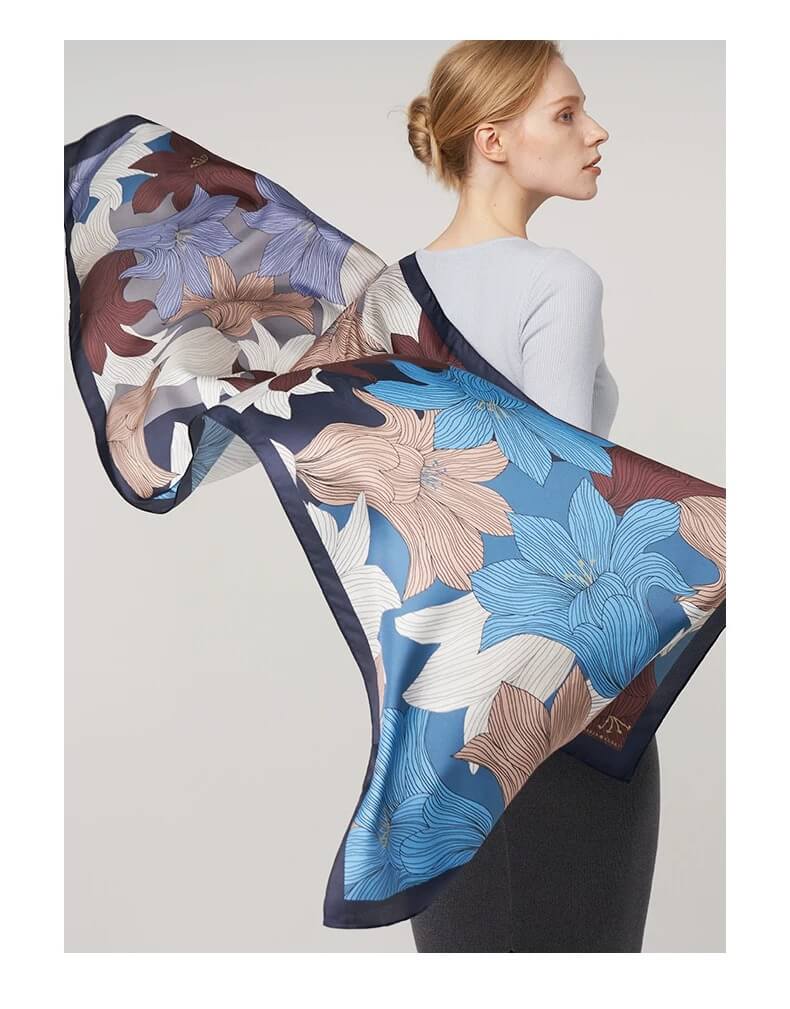 Luxury mulberry silk lily print shawl Nordic floral design