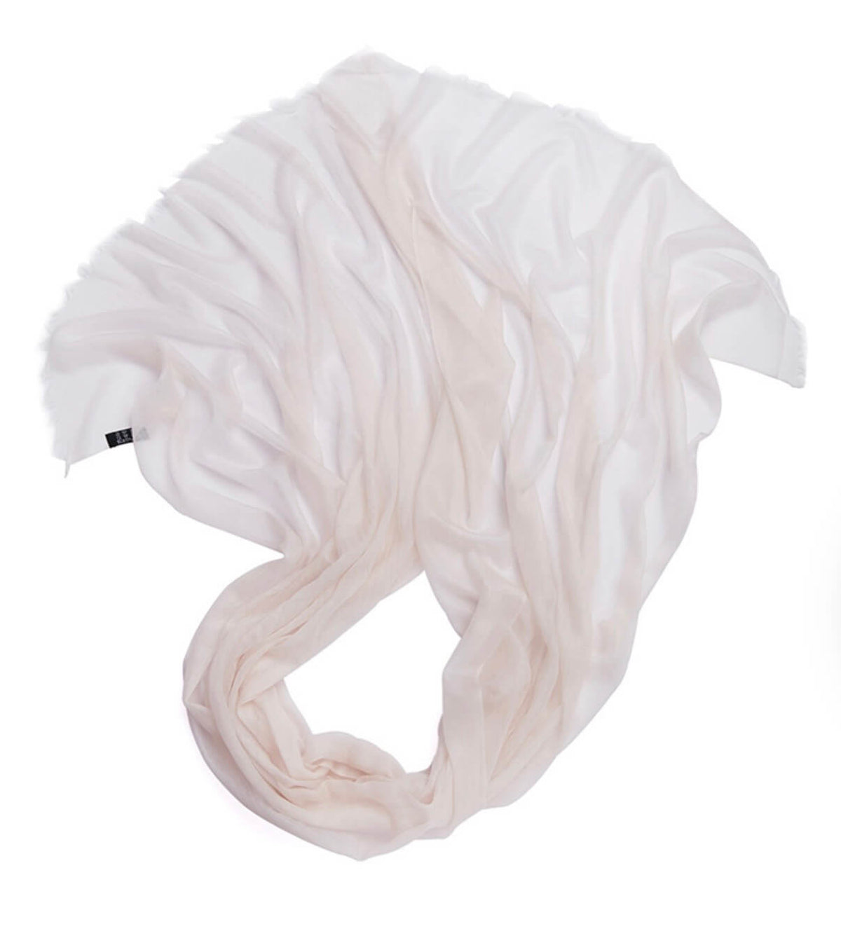 Smoky white 100% cashmere shawl arranged in airy, translucent folds