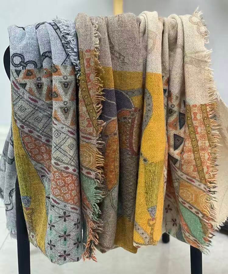 Soft 100% cashmere printed wrap scarf with equestrian design