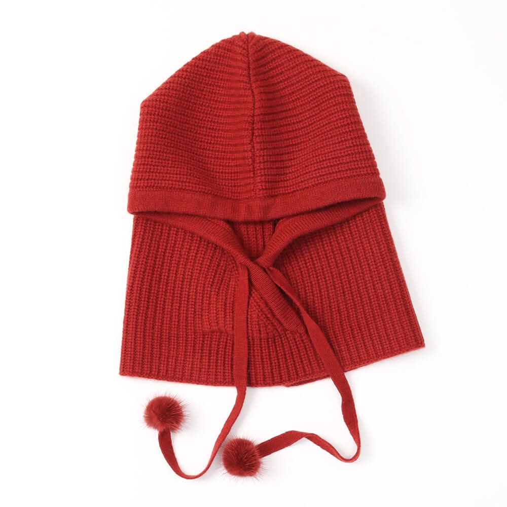 Women's cashmere ribbed Hoodied Balaclava hats in red color