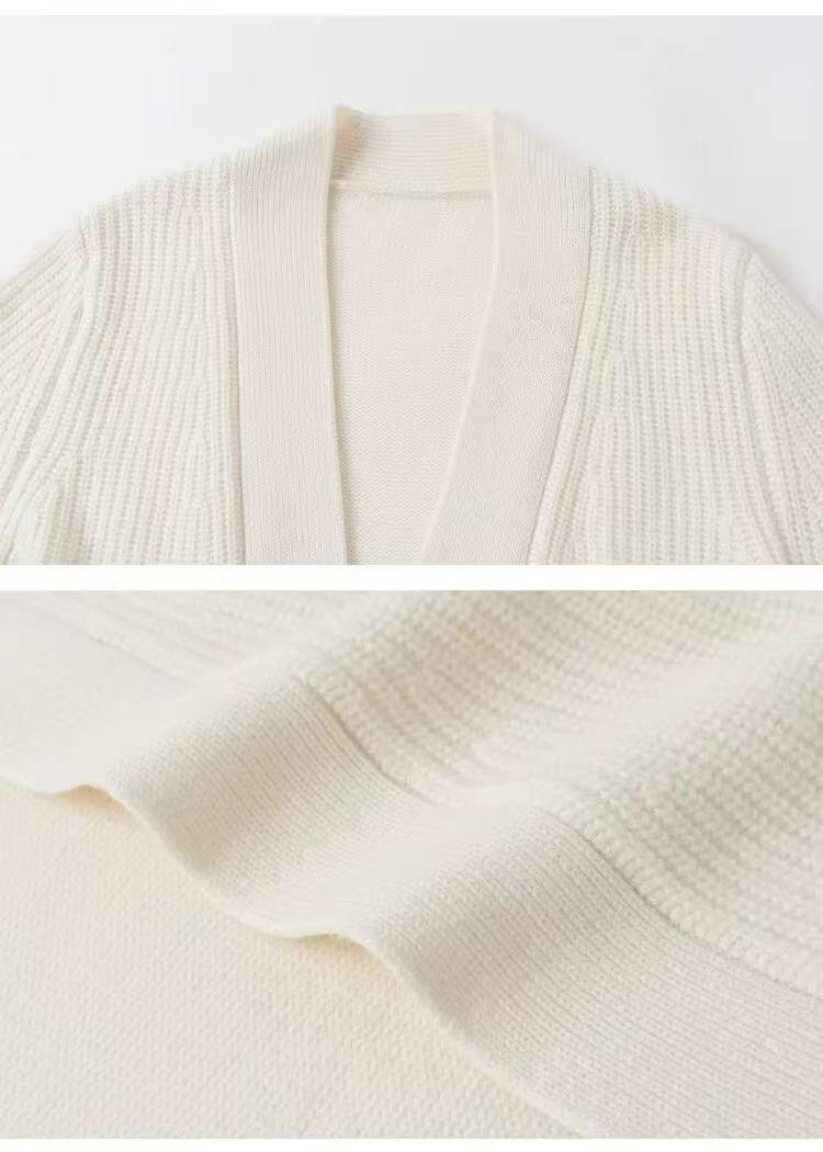 Women’s 100% Pure Cashmere Belted Ribbed Cardigan in White Luxury Knitwear