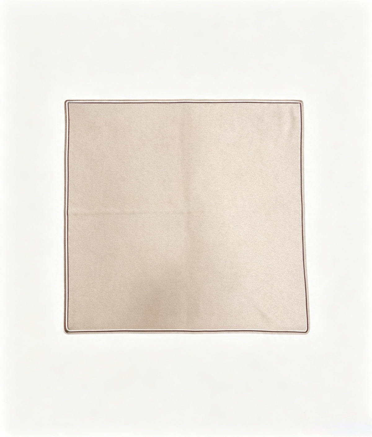 Soft beige 100% cashmere knitted square scarf with delicate brown double-stripe edging, neatly folded.