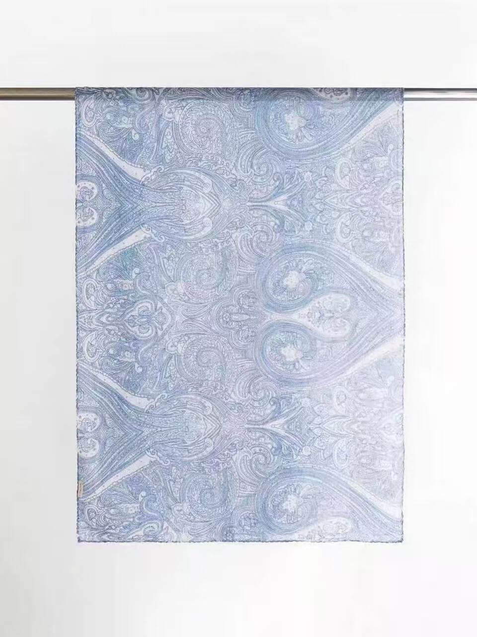 Soft blue paisley 100% cashmere wrap scarf, lightweight 60g design