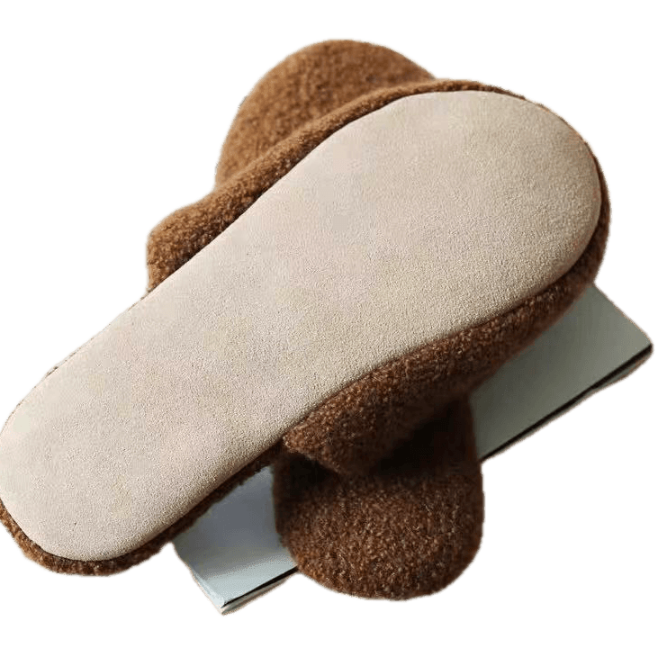 Premium women's cashmere slippers with genuine leather sole in elegant Teddy Brown