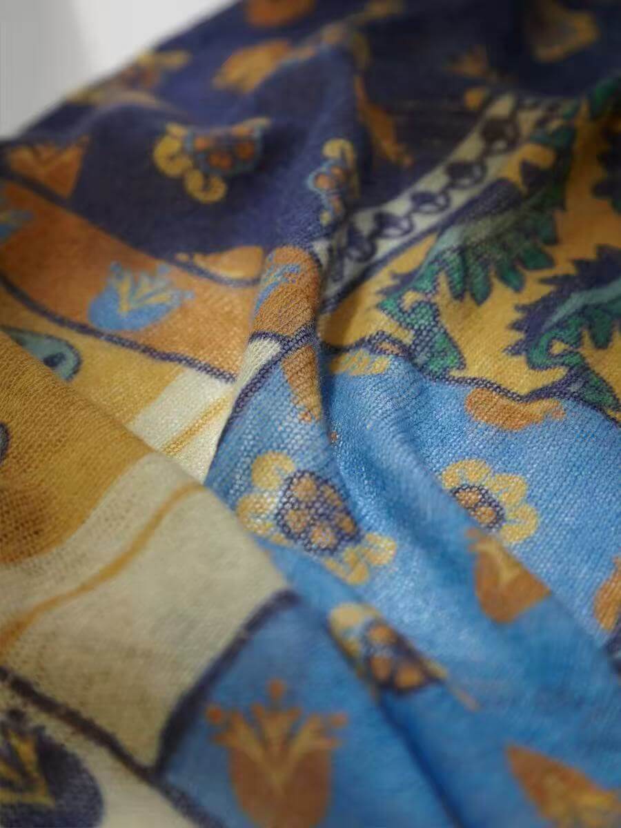 Soft pure cashmere statement scarf with colorful botanical print