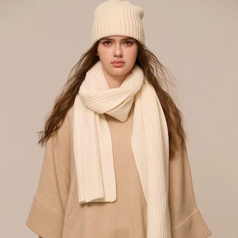 women's cashmere beanie hat and scarf set white color,  luxury cashmere winter set for women