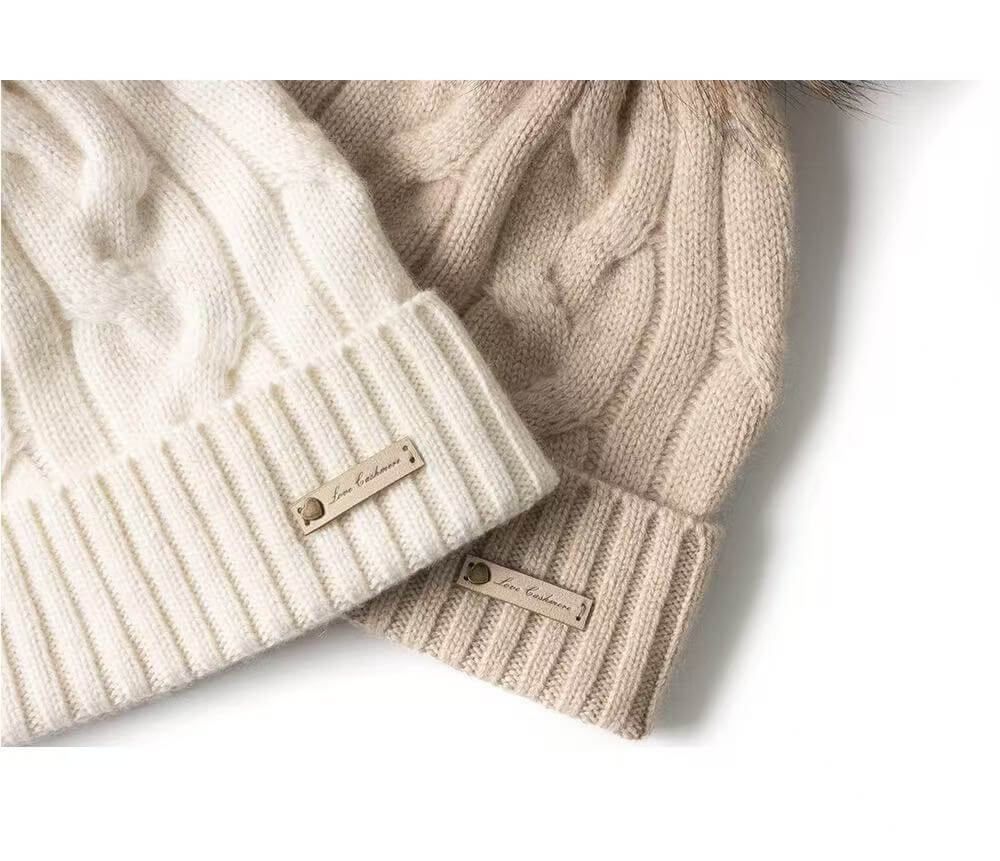 Soft women’s cashmere beanie with classic cable knit texture