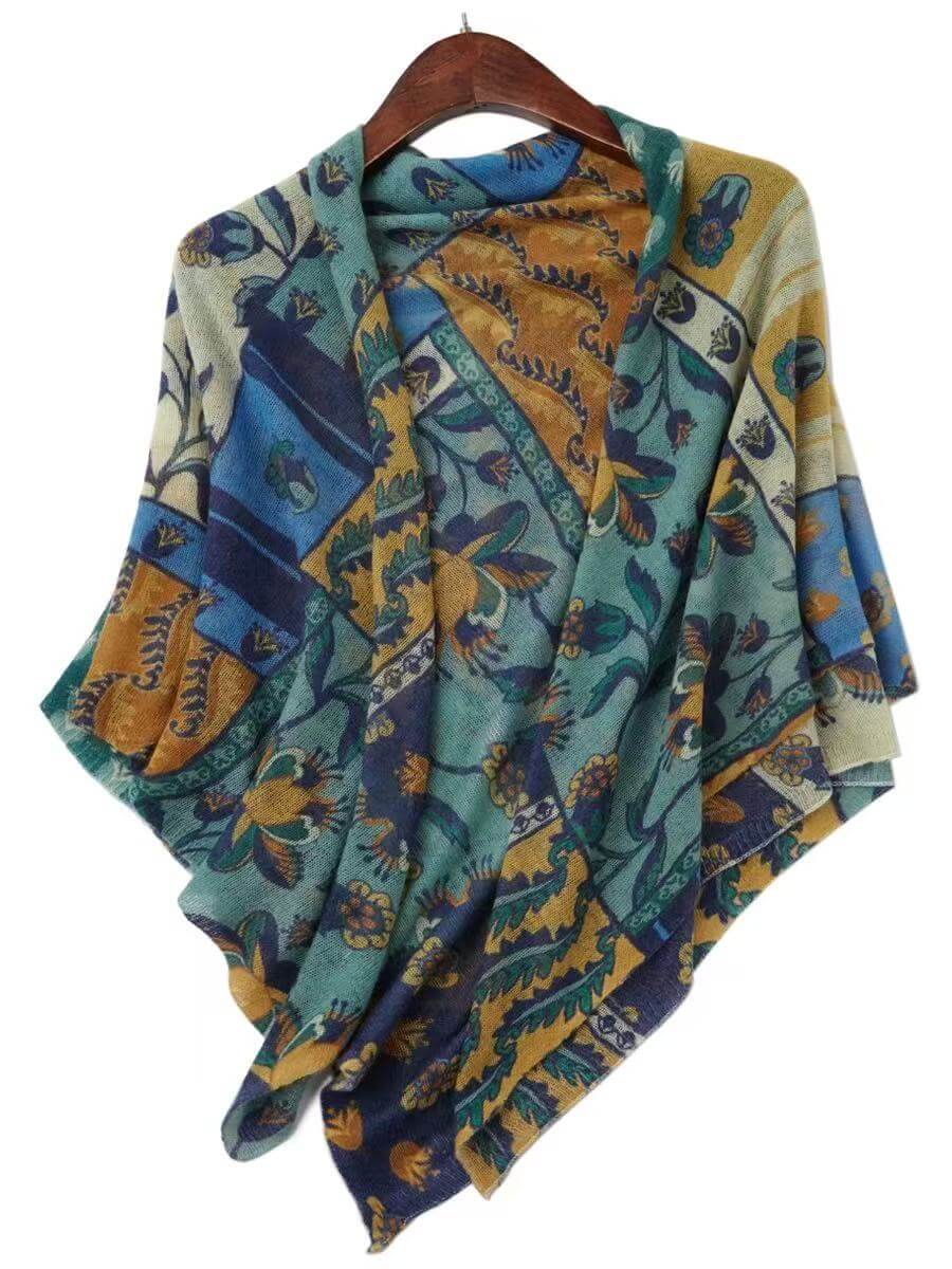 Teal green pure cashmere scarf with botanical forest art print