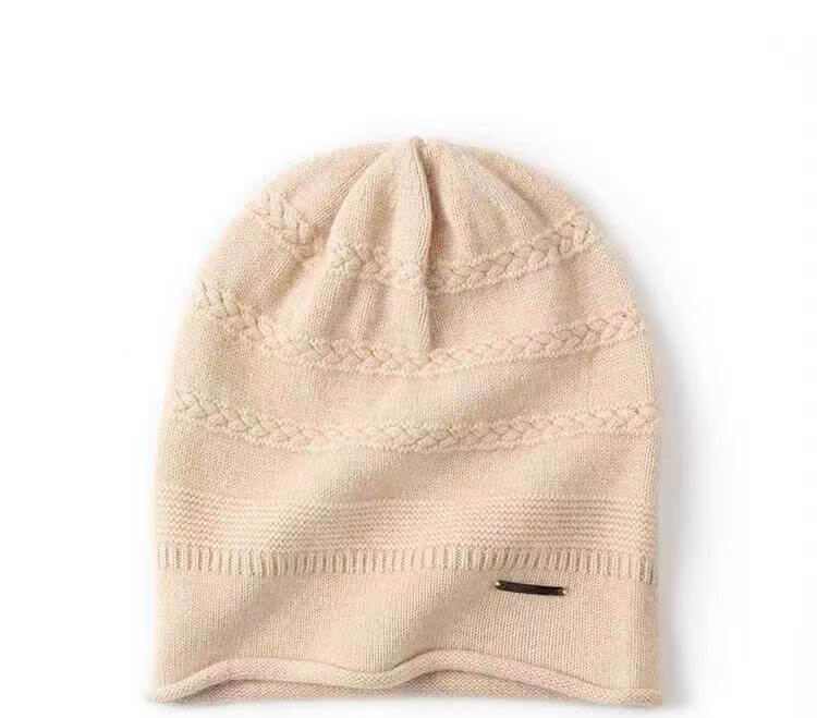 A light beige knit beanie hat with braided horizontal details Unisex 100% Cashmere Slouchy Beanie