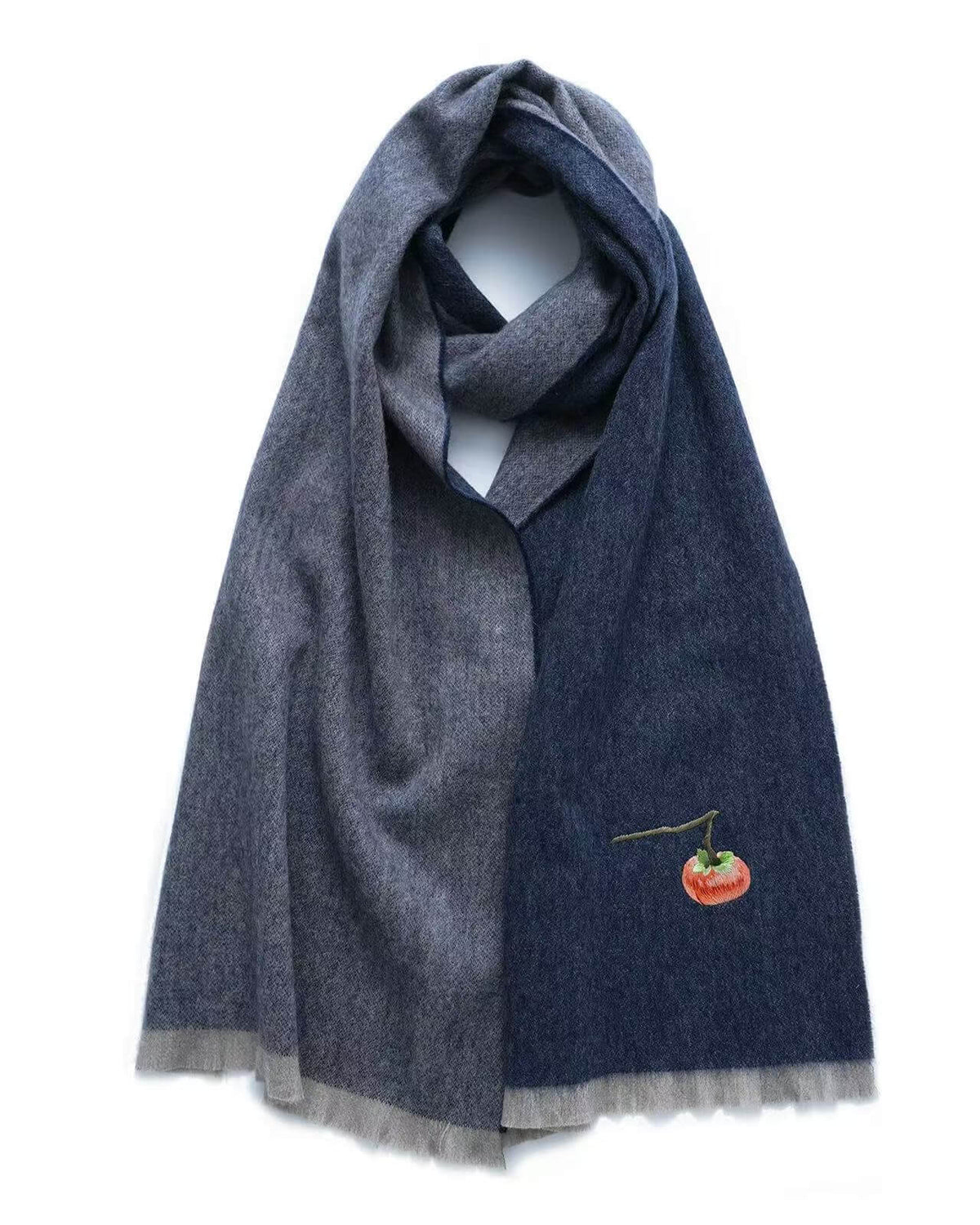 Unisex navy grey cashmere scarf with hand-embroidered persimmon