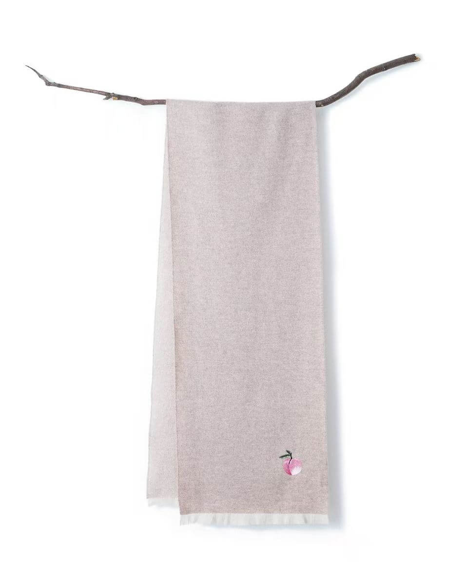 Unisex oatmeal cashmere scarf with fringed ends and peach embroidery