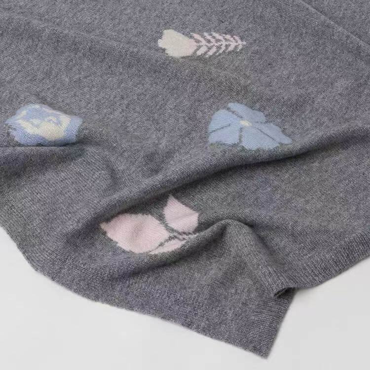 Floral intarsia cashmere shawl wrap made from pure cashmere
