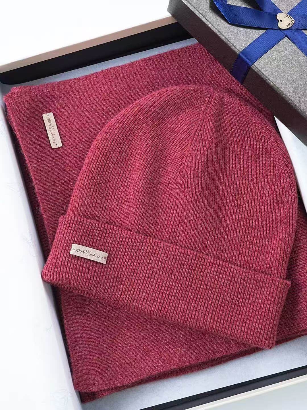 Wine red ribbed cashmere beanie and matching winter scarf