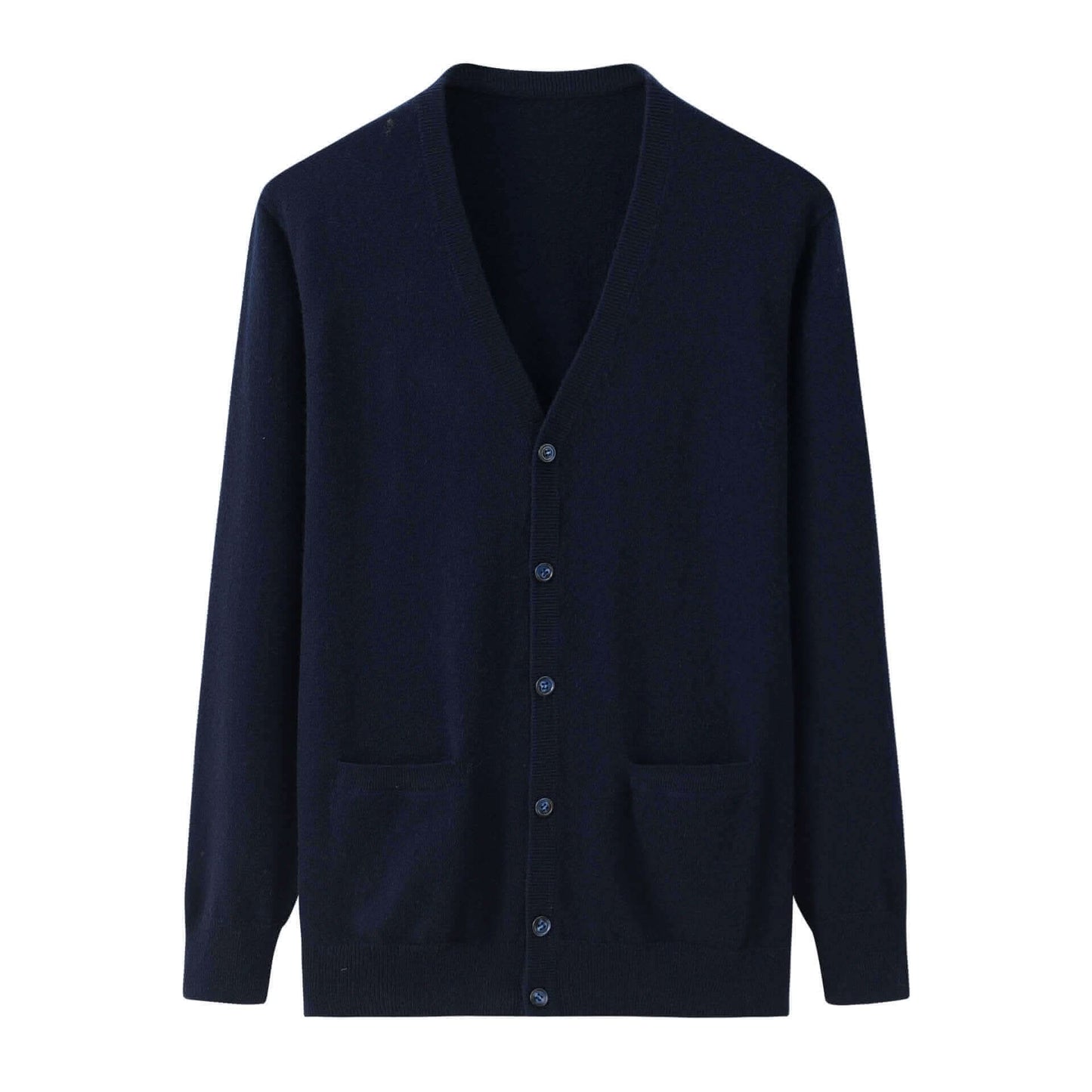 Cashmere V-neck men’s cardigan six-button detail in navy blue