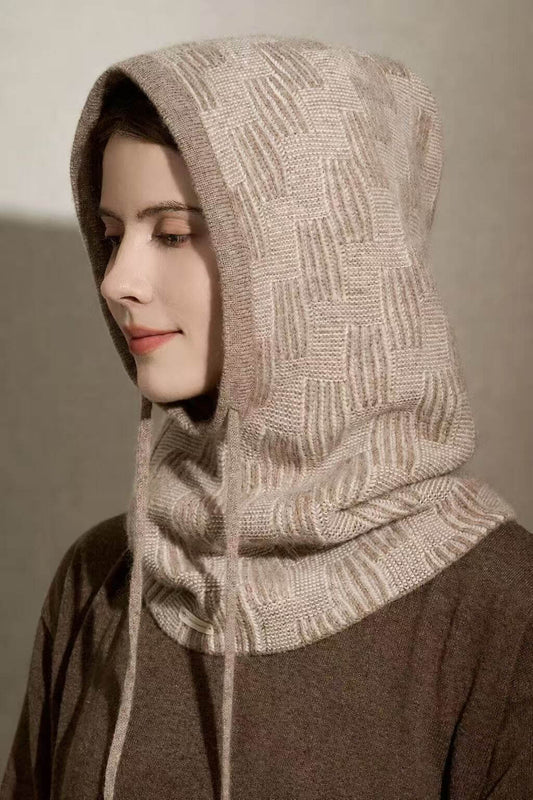 Women’s 100% Cashmere Balaclava Hoodie – Two-Tone Geometric Knit