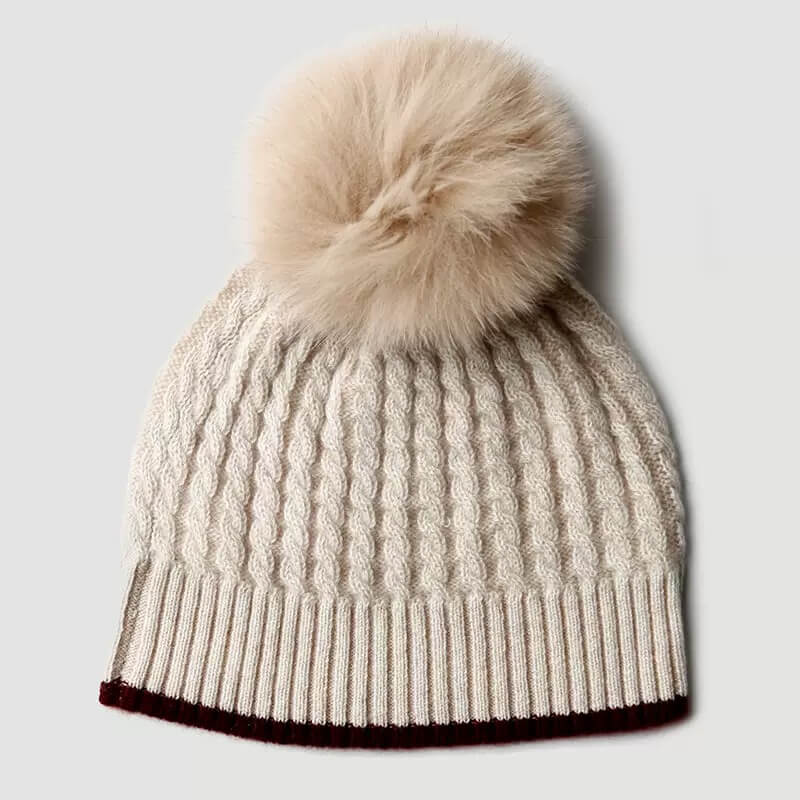 Women’s 100% Cashmere Cable Knit Hat – Ribbed Edge Thick Beanie with Pom Pom