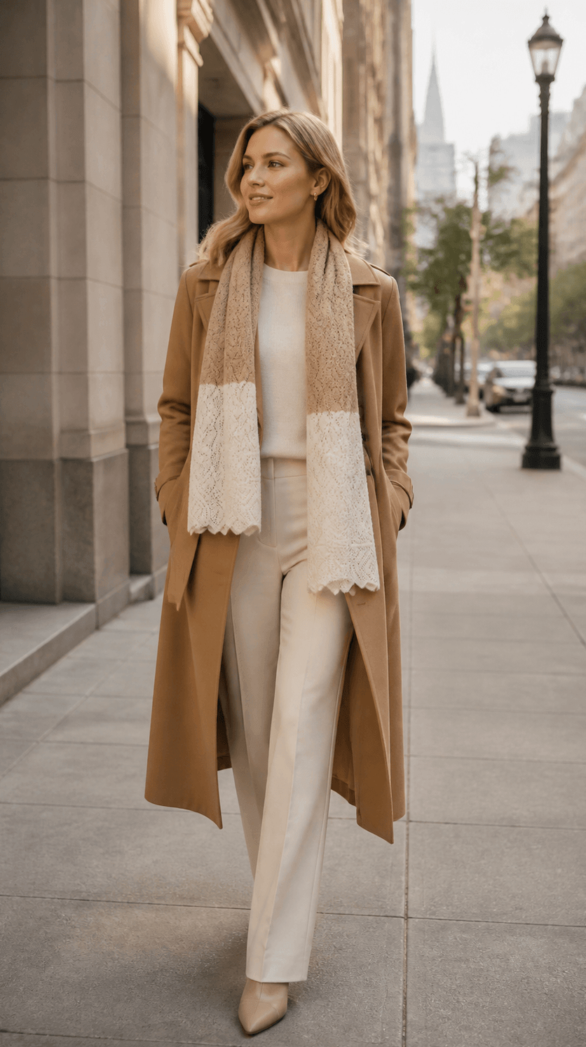 A woman walking on a city sidewalk wearing a long camel coat, cream pants, a cream top, and a cream-and-camel knit pure cashmere scarf with lace-like panels.