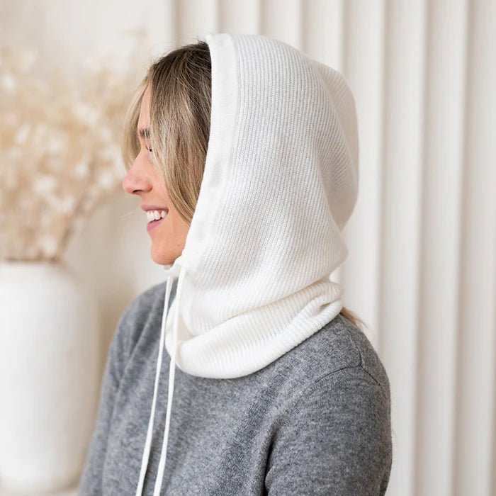 Women's 100% Cashmere Ribbed Hooded Balaclava Hat in white 